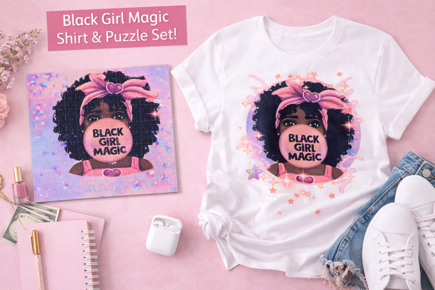 Black Girl Magic T-shirt + 120-Piece Puzzle Set