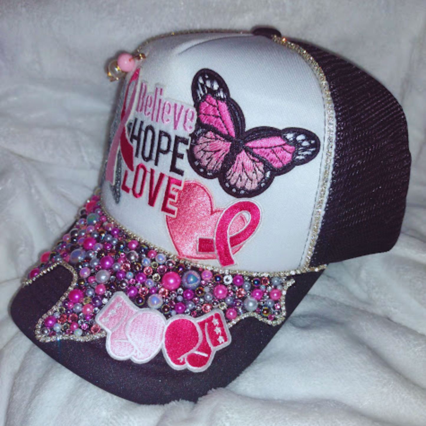 "Believe Hope Love" Custom Rhinestone Trucker Hat – Breast Cancer Awareness