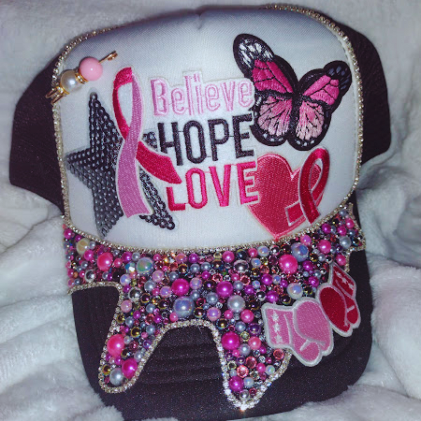 "Believe Hope Love" Custom Rhinestone Trucker Hat – Breast Cancer Awareness