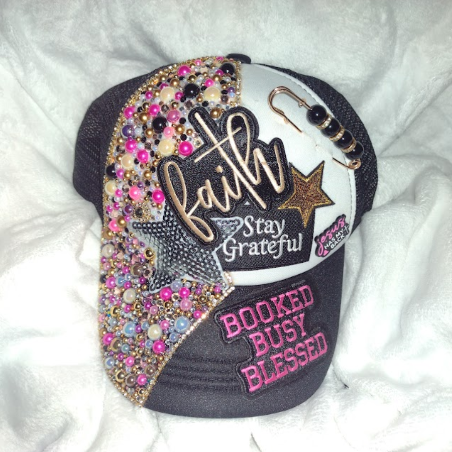 "Faith Stay Grateful" Custom Rhinestone Trucker Hat – Booked, Busy, Blessed Edition