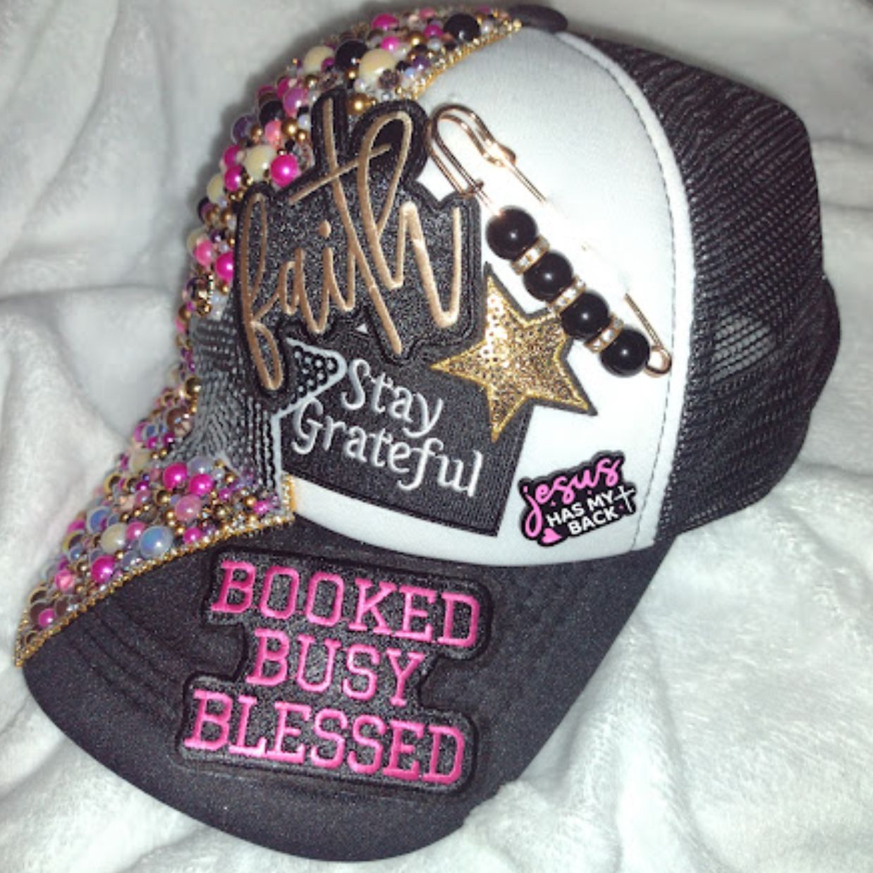 "Faith Stay Grateful" Custom Rhinestone Trucker Hat – Booked, Busy, Blessed Edition